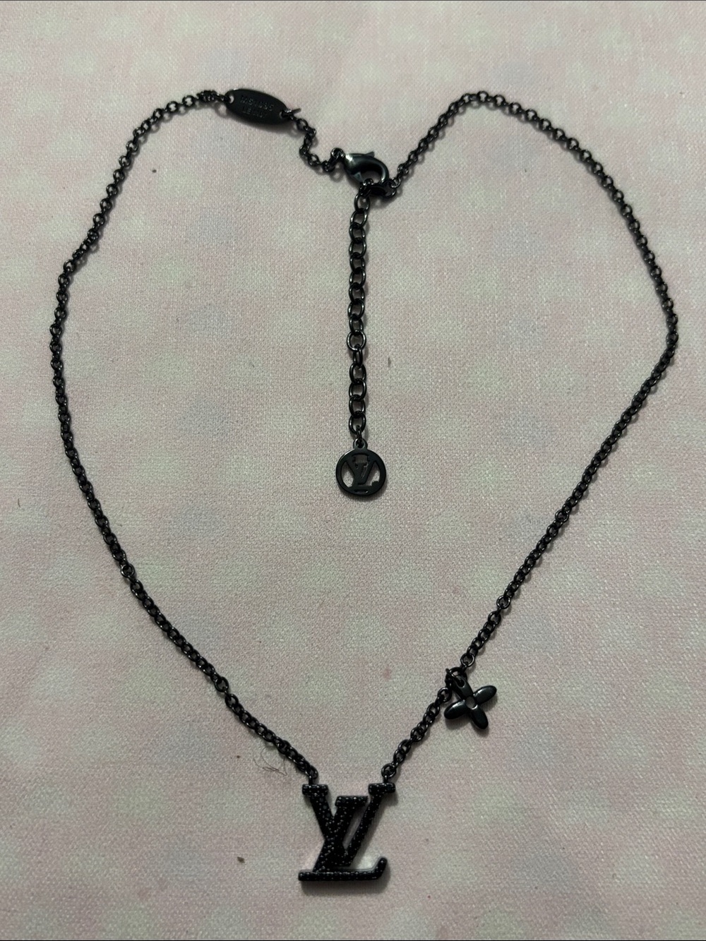 Black Diamond LV Logo Pendant Necklace w/ Fluer Accent